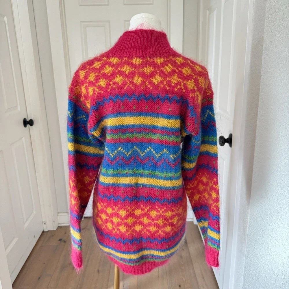 Vtg 80s Pink Mohair Sweater Mock Neck Sz‎ S Bright Colorful Neon Xmas Holiday